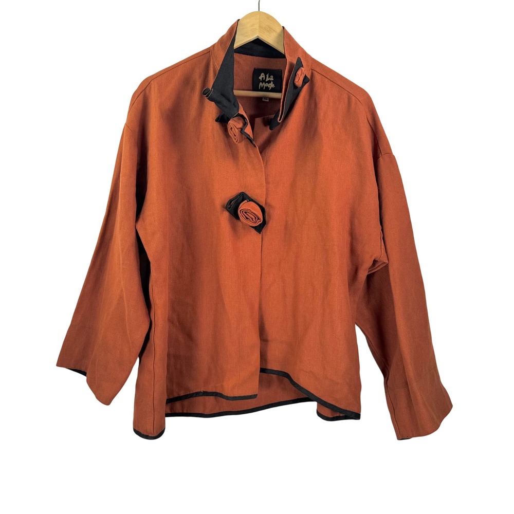 A La Mode Jacket XL Terracotta Linen Rosette Button Artsy lagen boho 90s
